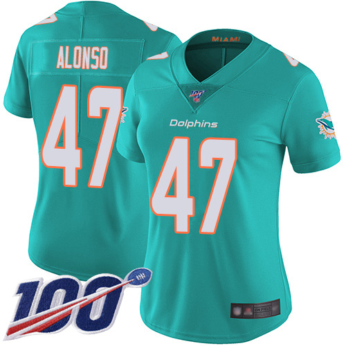Nike Miami Dolphins 47 Kiko Alonso Aqua Green Team Color Women Stitched NFL 100th Season Vapor Limited Jersey